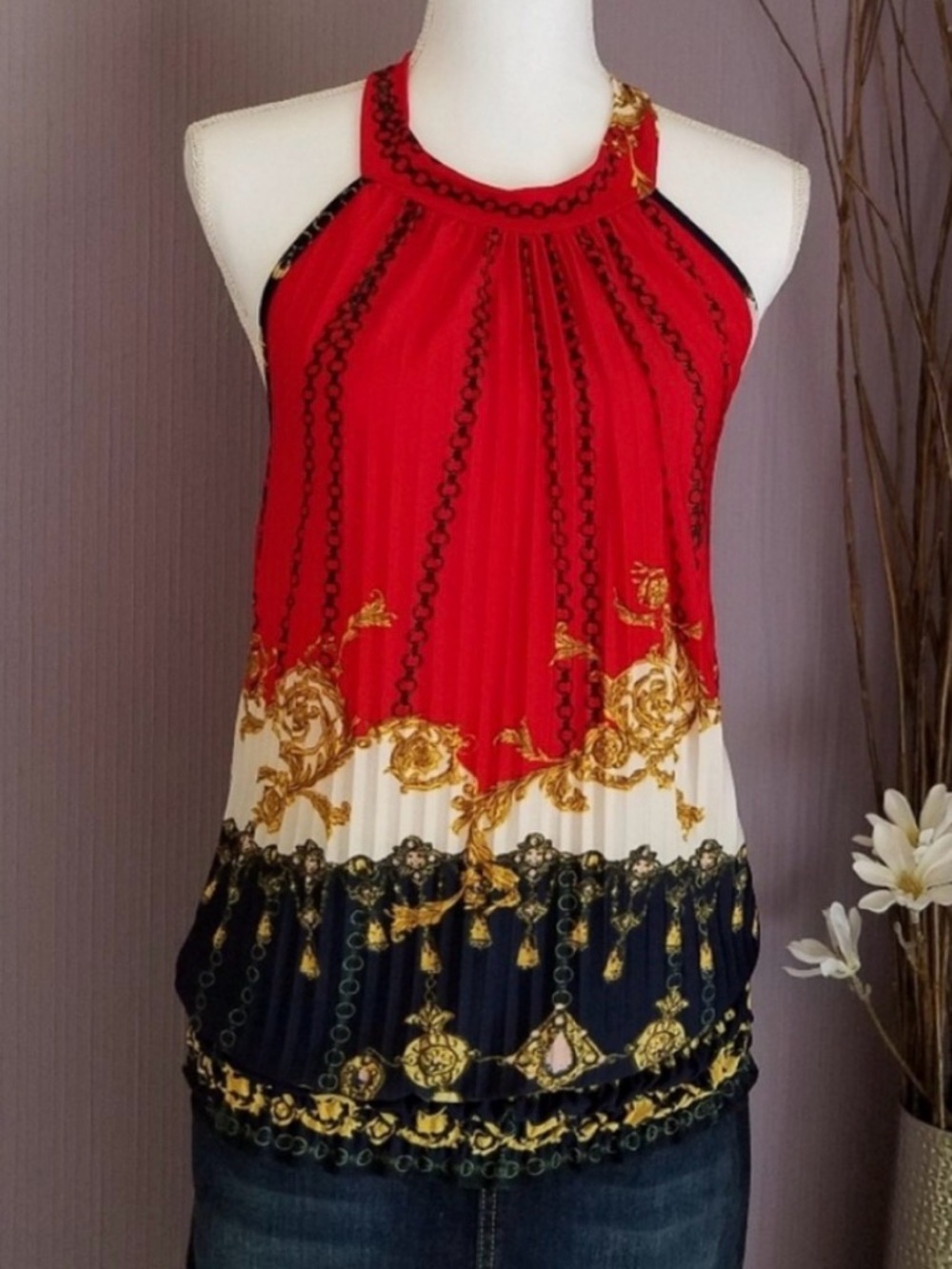 Nautical Pleated Halter top Made in France NWOT